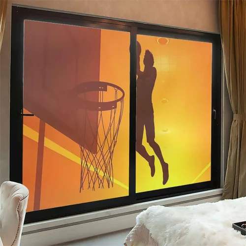 Vista 3 de Película de privacidad para ventana, color negro y naranja, autoadhesiva para bloqueo UV, control de calor, calcomanías de vidrio, silueta