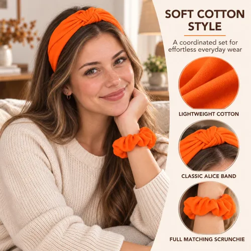 Vista 3 de Juego de diadema y coletero naranja de otoño, accesorios para el cabello a juego para mujeres y niñas para otoño, Halloween, Acción de Gracias
