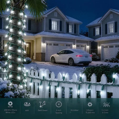 Vista 7 de 200 luces LED de Navidad blancas frías, certificación UL y luces comerciales de alambre verde de 66 pies, para interiores y exteriores, invierno