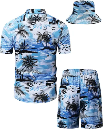 Vista 122 de TUNEVUSE Conjunto de camisas y pantalones cortos hawaianos para hombre, 2 piezas, trajes de playa con estampado de flores, traje tropical de verano