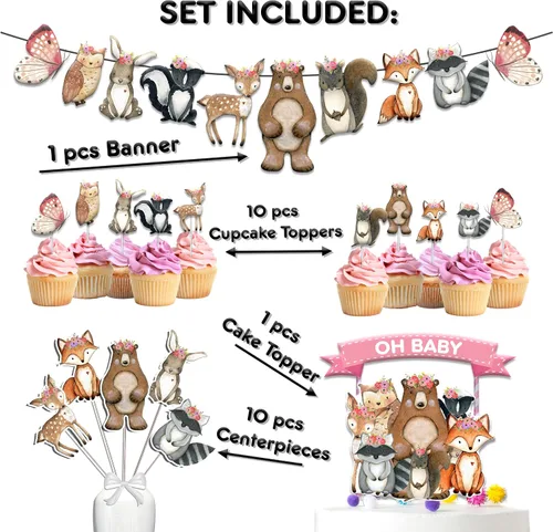 Vista 2 de Juego de decoración de baby shower del bosque – Suministros de fiesta de animales del bosque rústico con decoración para tartas "Oh Baby", pancarta