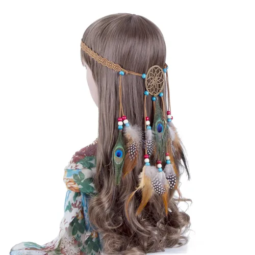 Vista 3 de AWAYTR Boho Dreamcatcher tocado pluma pavo real diadema diadema festival banda para el pelo (marrón)
