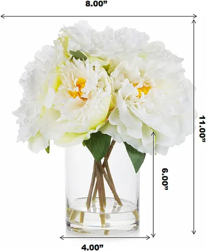 Vista 5 de ENOVA FLORAL Flores de seda de peonías en jarrón, flores falsas con agua sintética en jarrón de vidrio para decoración de mesa de comedor, centros