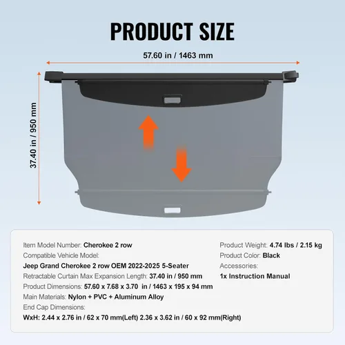 Vista 7 de VEVOR - Cubierta de carga trasera para Jeep Grand Cherokee de 2 filas, accesorios para 5 plazas, 2022 2023 2024 2025, cubierta retráctil impermeable