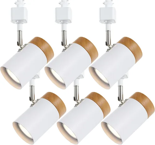 Vista 10 de TeHenoo Modern H Type Track Lighting, Matte Black, Pack of 3 Adjustable Track Heads, Natural Wood Lampshade, E26 Socket, Brass Swivel Item Kit