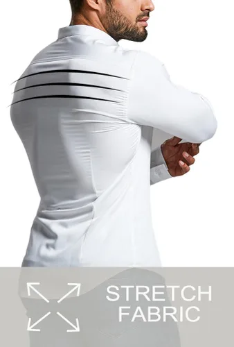 Vista 4 de Camisas de vestir para hombre, atléticas, ajustadas, de manga larga, elásticas, casuales, con botones