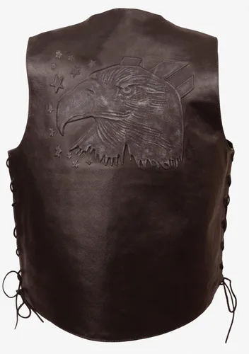 Vista 2 de Chaleco de cuero para hombre con cabeza de águila y estrellas en relieve con encaje lateral marrón y negro