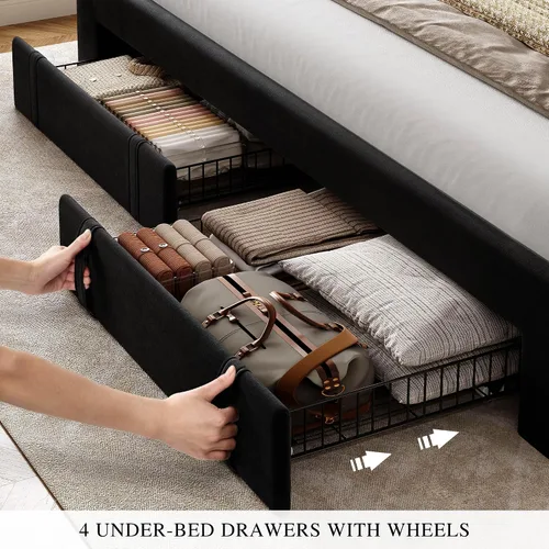 Vista 5 de YITAHOME Base de cama tamaño Queen con cabecera ajustable, 4 cajones de almacenamiento y luces LED RGB, cama de plataforma tapizada de terciopelo