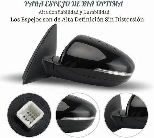 Vista 5 de Espejo lateral del conductor compatible con espejos Kia Optima 2011 2012 2013 con luz intermitente, vidrio eléctrico, plegado manual, repuesto Negro