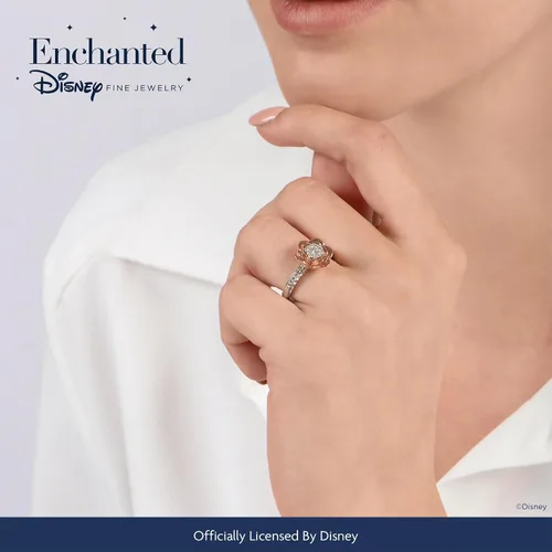 Vista 2 de Jewelili Enchanted Disney Fine Jewelry Anillo compuesto de oro rosa de 14 quilates sobre plata esterlina 1/4 Cttw Belle Rose