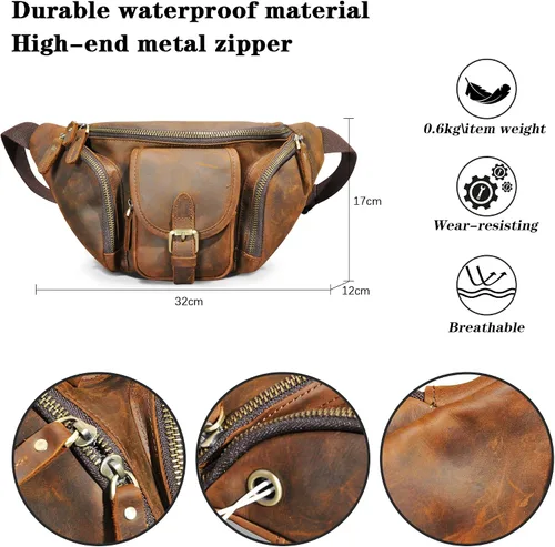 Vista 2 de Grueso caballo loco cuero senderismo equitación viaje al aire libre cinturón riñonera riñonera pequeña bolsa de teléfono para hombres mujeres 380