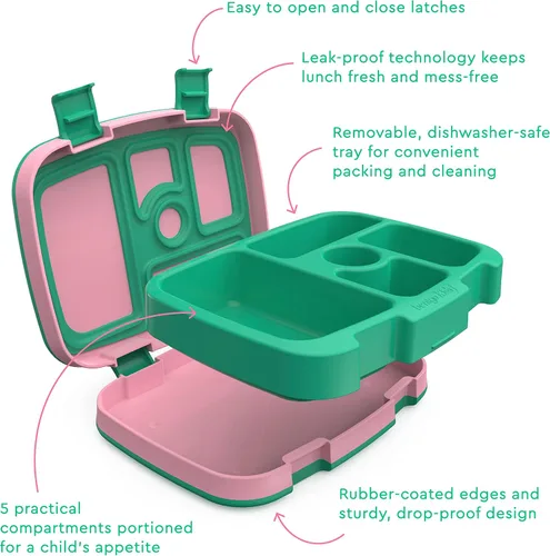 Vista 2 de Bentgo® Kids Prints - Lonchera infantil de 5 compartimentos estilo Bento, con utensilios de plástico reutilizables (tropical)