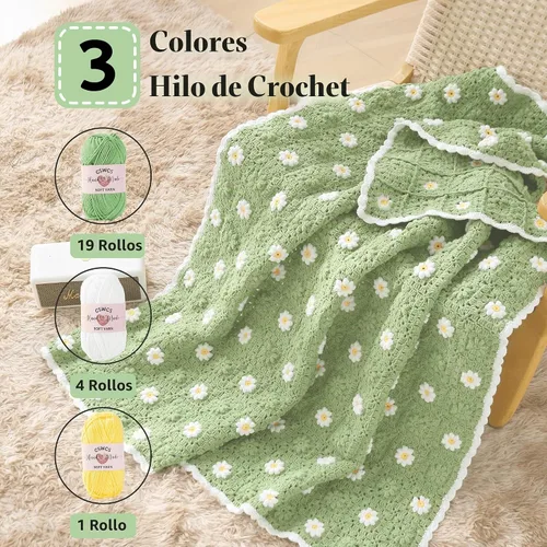 Vista 2 de CSWCS Kit de Manta de Ganchillo para Principiantes, Kit de Manta Tipo Throw de Cuadros Granny de Margaritas para Adultos, Fácil de Aprender a Tejer