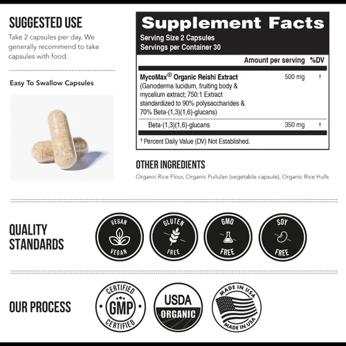 Vista 4 de Extracto orgánico de hongos Reishi - 70% de beta-glucanos - niveles más altos de nutrientes activos, potencia máxima, cultivo en Estados Unidos +
