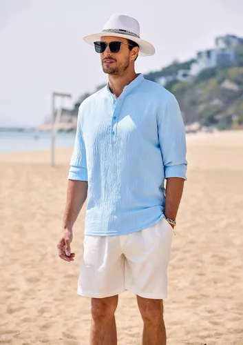 Vista 3 de COOFANDY Camisetas casuales Henley de manga larga para hombre, camisetas hippie de playa, camisetas de yoga y verano