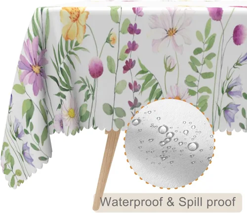 Vista 18 de Mantel rectangular floral de 52 x 70 pulgadas, color blanco y negro, estampado floral, a prueba de derrames y aceite, para cocina, comedor