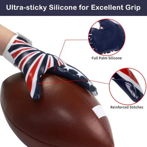 Vista 3 de Guantes de fútbol americano para niños, guantes receptores de fútbol americano juvenil, excelente agarre con silicona adhesiva, antideslizantes