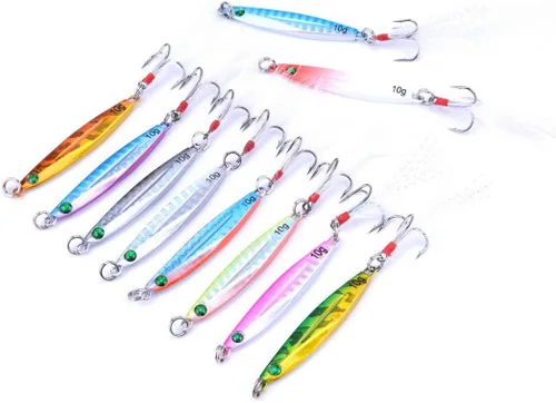 Vista 2 de Aorace 10 piezas de metal duro jigs buceo pesca mar señuelos minnow Popper cebos aparejos Crankbait agua salada señuelos de agua dulce con pluma