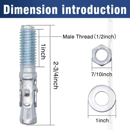 Vista 2 de Anclaje de cuña de 1/2" x 2-3/4", solo para cemento y hormigón, tornillos de acero al carbono galvanizados y pernos de retraso (10 unidades)