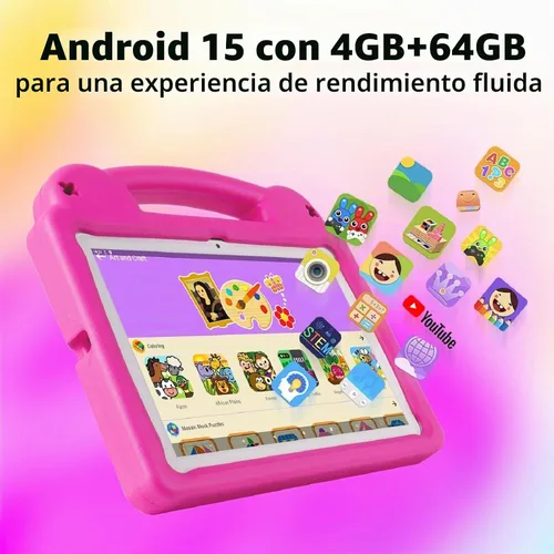 Vista 2 de Tablet Android de 10 pulgadas, Android 15 Kids Tablet, A523 Octa-Core, 8GB+64GB, 1TB expandible, WiFi 6 (2.4G+5G), funda EVA con soporte, rosa