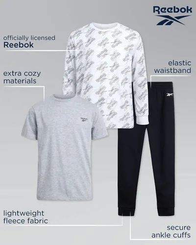 Vista 2 de Reebok Conjunto deportivo activo para niños, camisa de manga larga de 3 piezas y pantalones deportivos, de vellón de alto rendimiento para niños