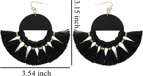 Vista 5 de COIRIS Aretes colgantes de borla de madera con círculo grande bohemio con hilo de algodón, joyería para mujer