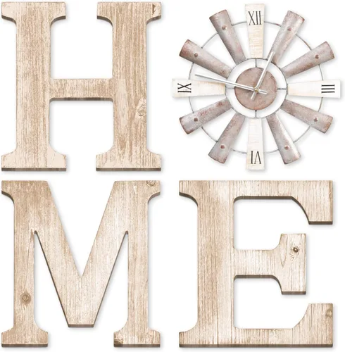 Vista 8 de Letreros de casa de campo con reloj de molino de viento, decoración de pared, letras rústicas para el hogar, arte de pared para sala de estar, Negro