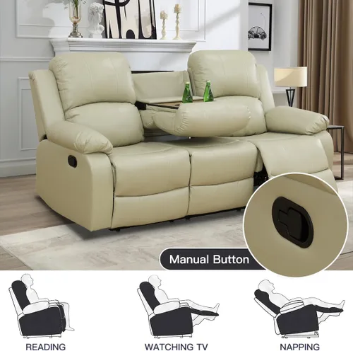 Vista 5 de Juego de Muebles para Sala de Estar, Juego de Sofá Reclinable Manual, Juegos de Sofás Reclinables de Cuero Beige con Mesa Desplegable, Sofá