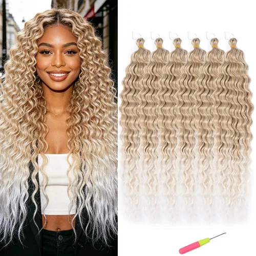Vista 38 de Extensiones de cabello ondulado con ganchillo Ocean Wave de 18 pulgadas, 6 paquetes, extensiones de cabello de ganchillo sueltas de onda profunda #1B