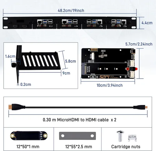 Vista 5 de GeeekPi Soporte de rack de 19 pulgadas para Raspberry Pi 5, con 4 adaptadores PCIe a M.2 NVMe SSD y pantalla OLED, compatible con rack de servidores