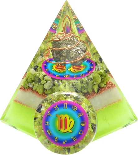 Vista 17 de Juego de pirámide de orgón y piedra de palmera de horóscopo, cristal curativo de acuario, signo del zodiaco, hecho de pirita y angelita para calma