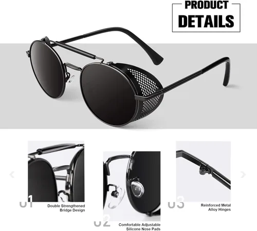Vista 4 de Retro Round Polarized Steampunk Sunglasses Men Women Side Shield Goggles Gothic S92-ADVANCED POLARIZED