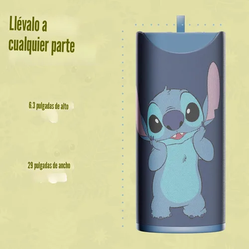 Vista 5 de iJoy Disney Lilo and Stitch - Altavoz inalámbrico Bluetooth a prueba de salpicaduras recargable con 3 horas de reproducción/ranura SD/radio FM