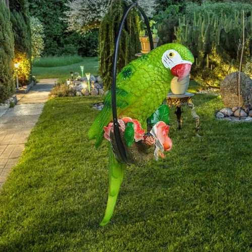 Vista 6 de Estatua de pájaro colgante, estatua colgante de perca de pájaro, anillo redondo, escultura de loro, figura de guacamayo para patio, verde, escultura