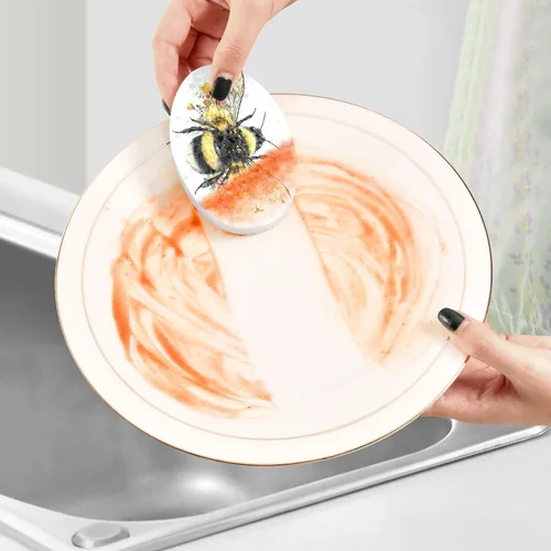 Vista 5 de Kcldeci Paquete de 3 esponjas de cocina esponjosas, esponjas de cocina de abejorro, esponja de microfibra antiarañazos para limpieza del hogar