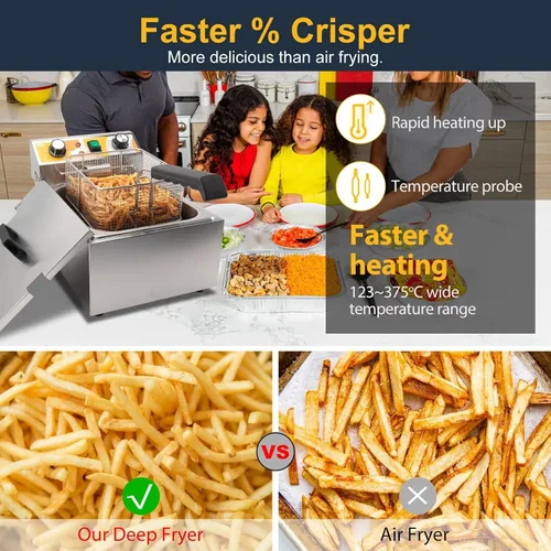 Vista 3 de Festa Essential Freidora eléctrica de 13.6 cuartos de galón con cesta y tapa de freír de 6 L (6.5 cuartos de galón), encimera comercial de acero