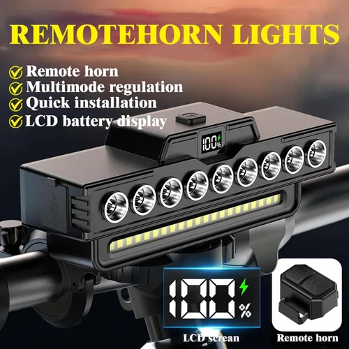 Vista 3 de Faro de bicicleta recargable impermeable con bocina, 9 LED y 7 modos, IPX5 impermeable, batería de larga duración con pantalla de alimentación