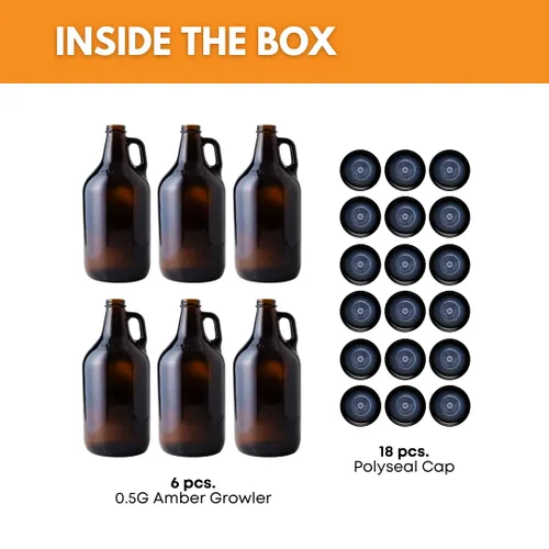 Vista 2 de FastRack - Growlers de vidrio ámbar de 64 onzas (paquete de 6) Cultivador de cerveza de medio galón con 18 tapas de sellado de polietileno Jarra