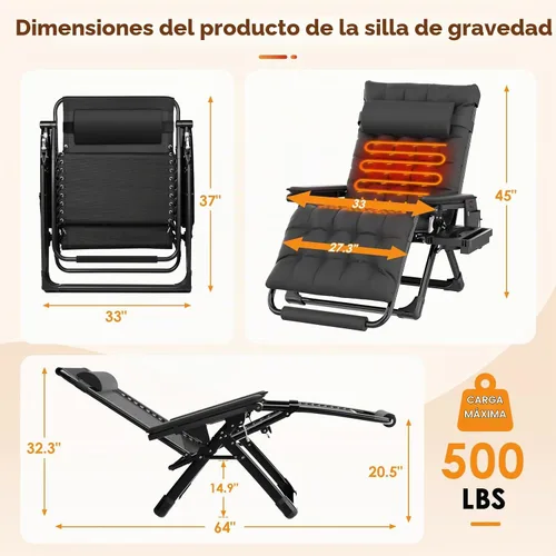 Vista 3 de Slendor Heated Oversized Zero Gravity Chairs 33In, XXL Lounge Chair, Black Negro