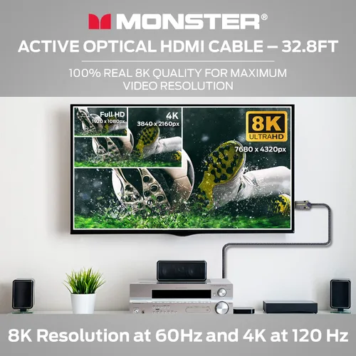 Vista 2 de Monster Cable óptico activo de la serie M con certificación Lightwave HDMI de 2.1-48 Gbps con conector de extrusión de aluminio, V-Grip, funda