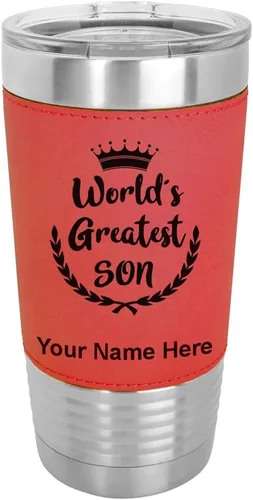 Vista 18 de LaserGram Vaso aislado al vacío de 20 onzas, el hijo más grande del mundo, grabado personalizado incluido (piel sintética, estilo béisbol)