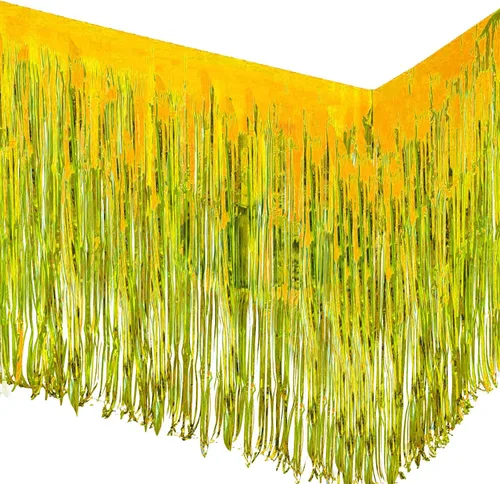 Vista 12 de allgala Faldones de mesa de oropel negro, paquete de 2 faldas de mesa de 29 x 108 pulgadas con flecos metálicos para fiestas, eventos, desfiles