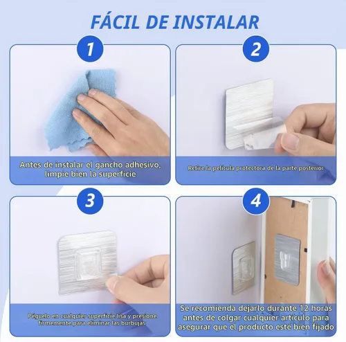 Vista 5 de 30 ganchos adhesivos de pared de doble cara, 15 libras máximo, resistentes, limpios e impermeables para baño, cocina, colgar cuadros