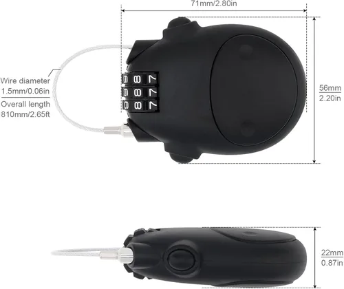 Vista 3 de Cerradura de cable de combinación, cerraduras de equipaje con cable de acero retráctil de 30 pulgadas, cerradura de viaje combinada con mini