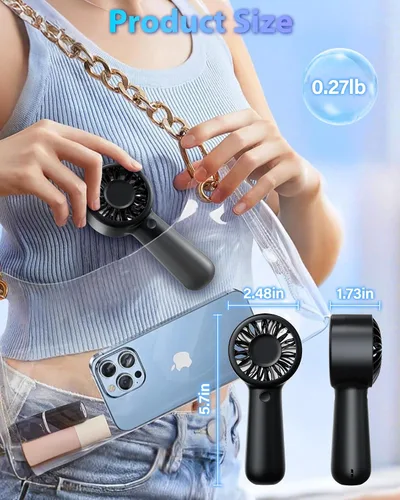 Vista 8 de Ventilador de mano portátil, pequeño ventilador de mano turbo personal, potente, refrescante, cordón, recargable por USB, 5 velocidades, maquillaje