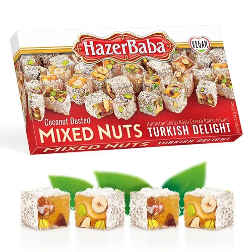 Vista 17 de Hazer Baba Delicias Turcas, Caja de bocadillos gourmet con nueces mixtas y sabor a vainilla, bocadillo tradicional vegano, Lokum turco, dulces