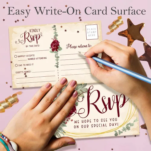 Vista 4 de Tarjetas postales RSVP - Invitaciones y sobres con tema de rosas burdeos para boda - Kit de invitación de boda minimalista, tarjetas RSVP en blanco