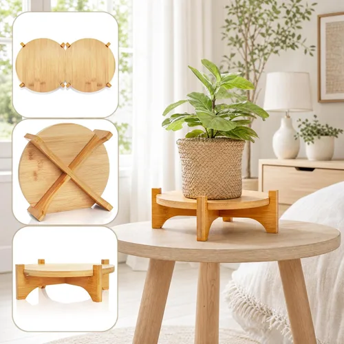 Vista 4 de Pumtus Paquete de 2 soportes pequeños para plantas, soporte de madera para macetas de interior, soporte desmontable de bambú para macetas