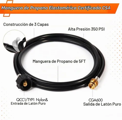 Vista 2 de GASPOWOR Manguera de propano, manguera adaptadora de propano de 5 pies, adaptador de tanque de propano de 1 libra a 20 libras, manguera convertidora