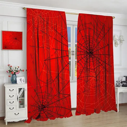 Vista 4 de Cortinas opacas de tela de araña aterradora para niños, tela de araña en blanco y negro, fondo rojo, dormitorio de niños, guardería, decoración